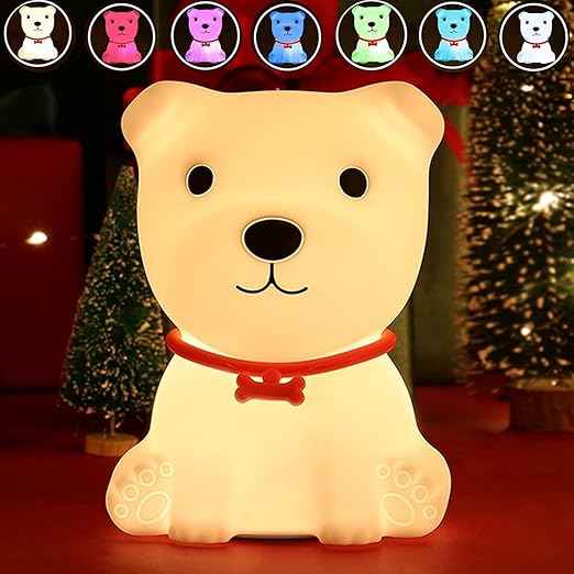 Color-Changing Puppy Night Light with soft silicone and USB recharge—suitable for kids, adults, and pet enthusiasts.