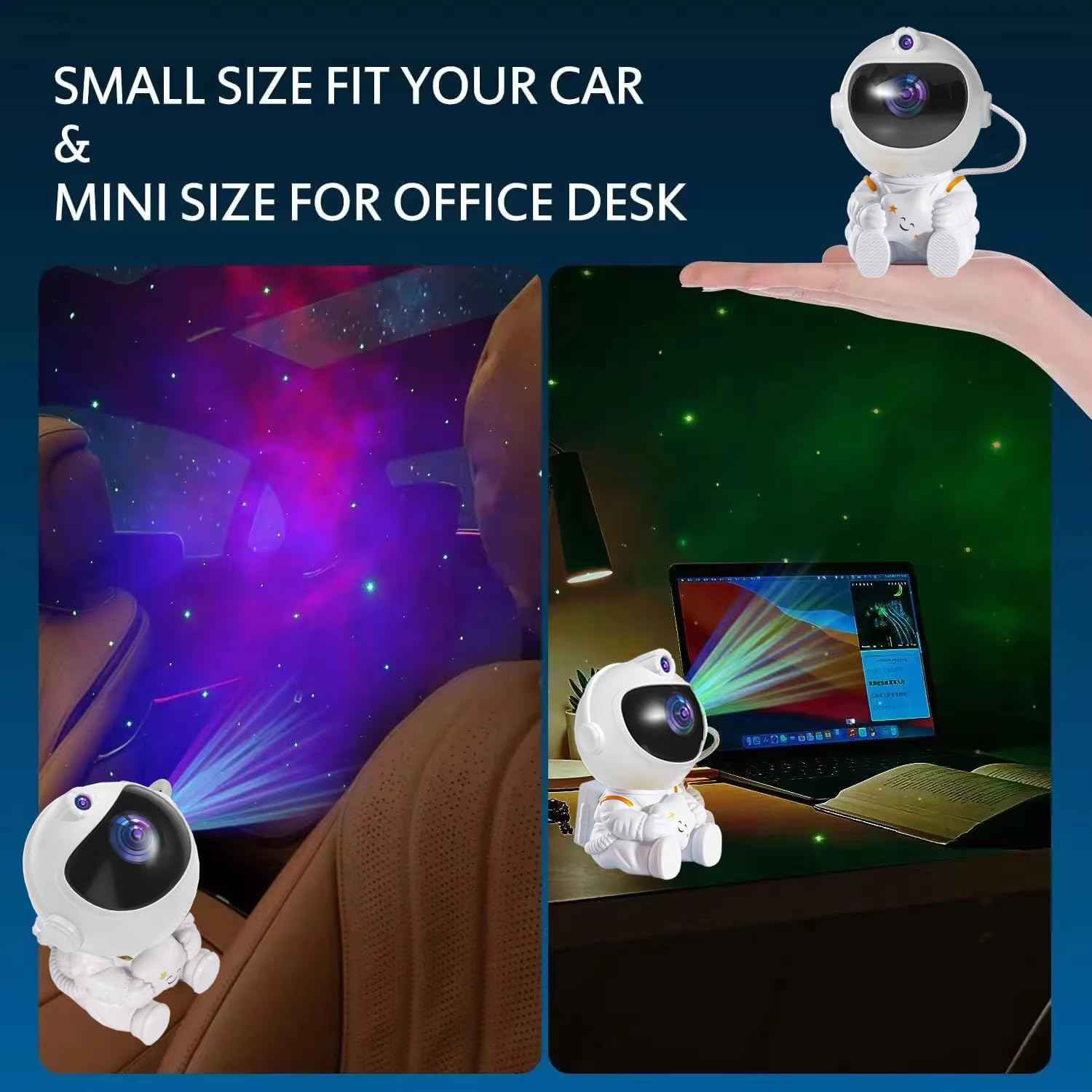 Astronaut LED Galaxy Projector Lamp with rotating 360° nebula stars, remote control, timer, and adjustable head – great for kids’ bedrooms, toys, and home decoration.