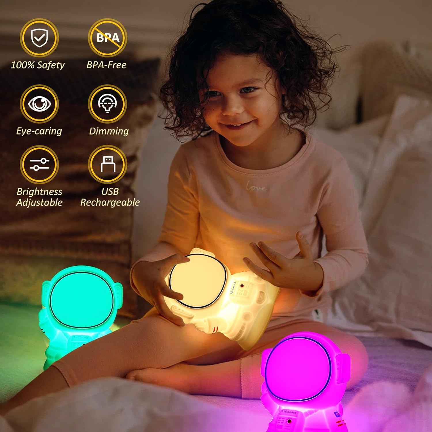 Silicone Astronaut Bedside Lamp with rechargeable battery, RGB color-changing light, touch control, and 8 modes—great for kids’ rooms, nurseries, and gifting.