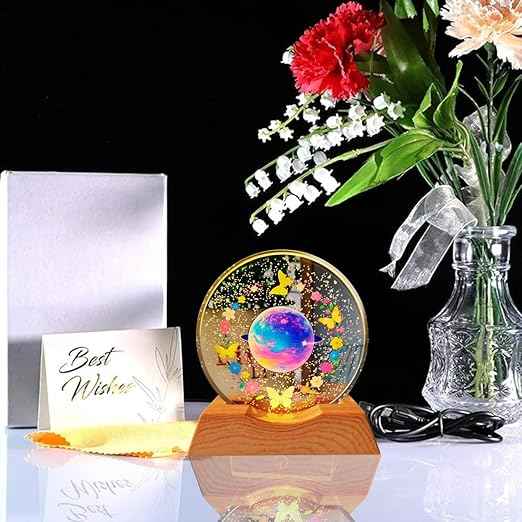 3D Acrylic LED Night Light with Warm White and Colorful Planet & Butterfly Designs, Plastic Base Table Lamp