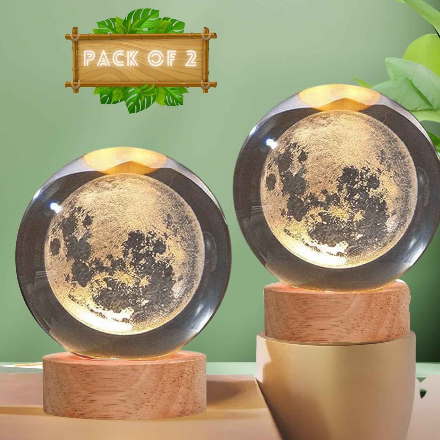 3D Acrylic LED Night Light with Durable Plastic Base Decorative Table Lamp (Moon Pack of 2)