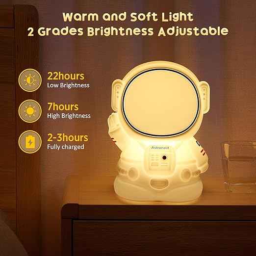Silicone Astronaut Bedside Lamp with rechargeable battery, RGB color-changing light, touch control, and 8 modes—great for kids’ rooms, nurseries, and gifting.