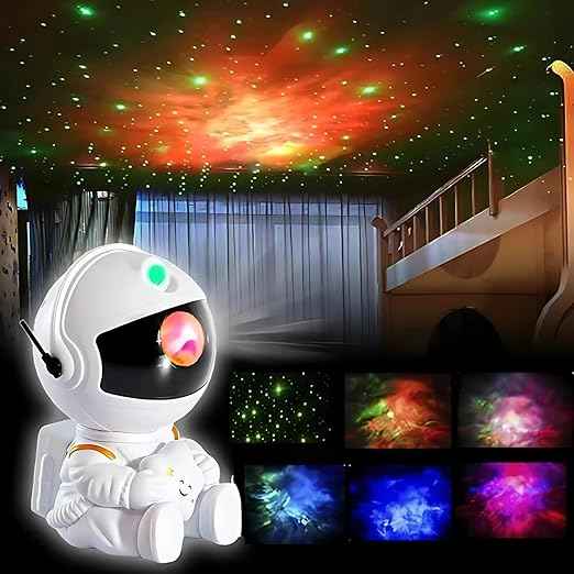 Astronaut LED Galaxy Projector Lamp with rotating 360° nebula stars, remote control, timer, and adjustable head – great for kids’ bedrooms, toys, and home decoration.