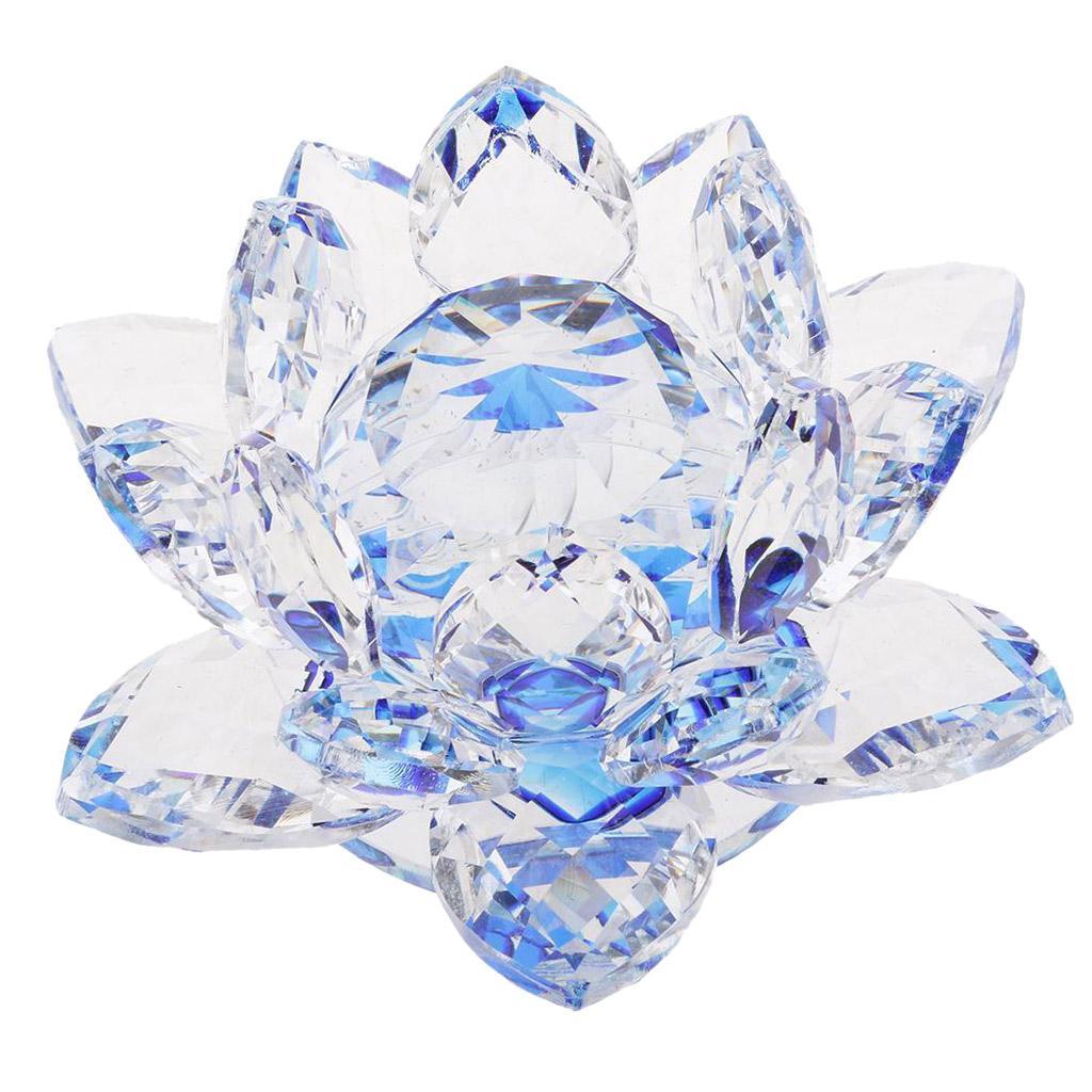 2Pcs Crystal Lotus Flower Craft Paperweight Feng Shui Decor Love Holy Blue + Colorful