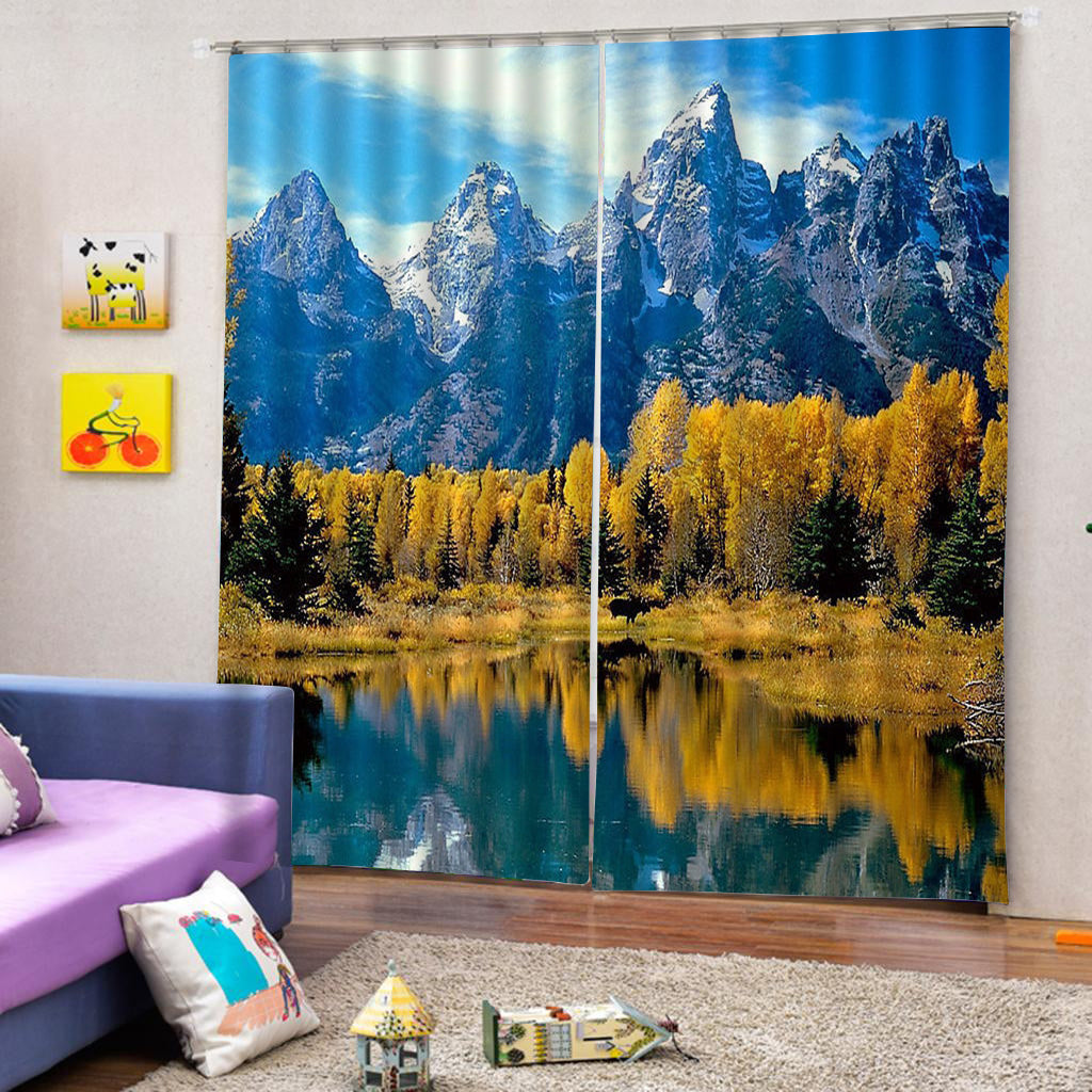 2 Panels Digital 3D Printing Blackout Window Curtains Yellow Leaves