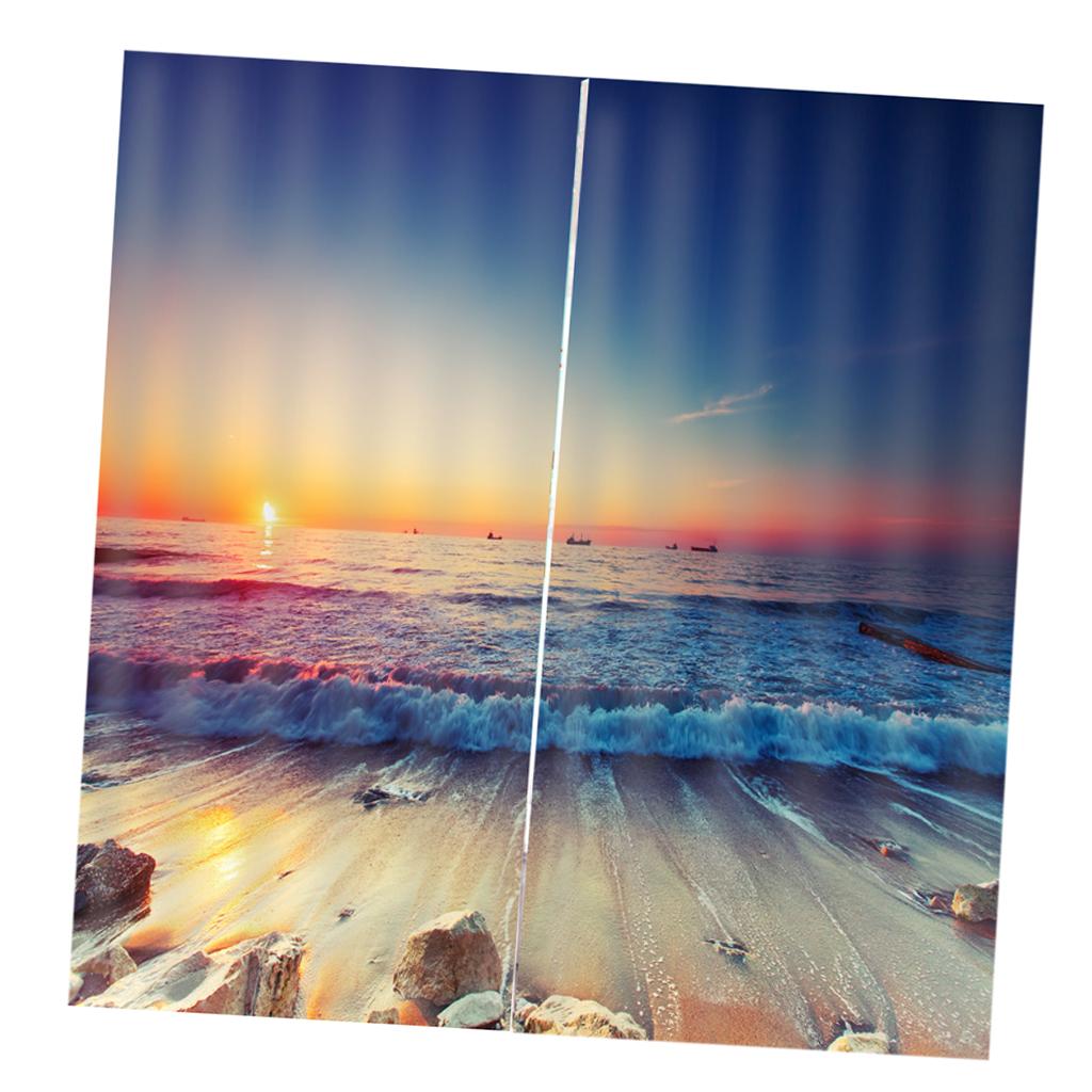 Set 2 Panels Digital Photo Printing Blackout 3D Curtains Sunset Beach