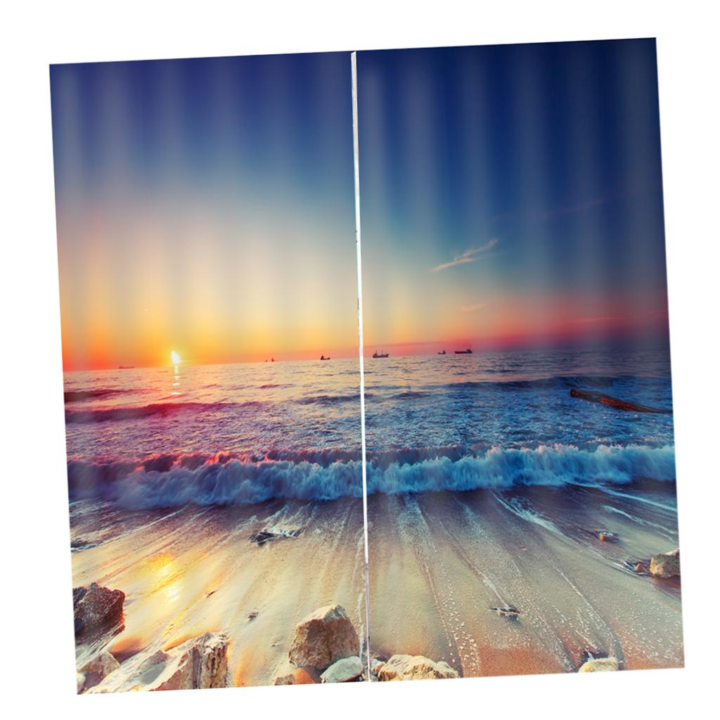 Set 2 Panels Digital Photo Printing Blackout 3D Curtains Sunset Beach