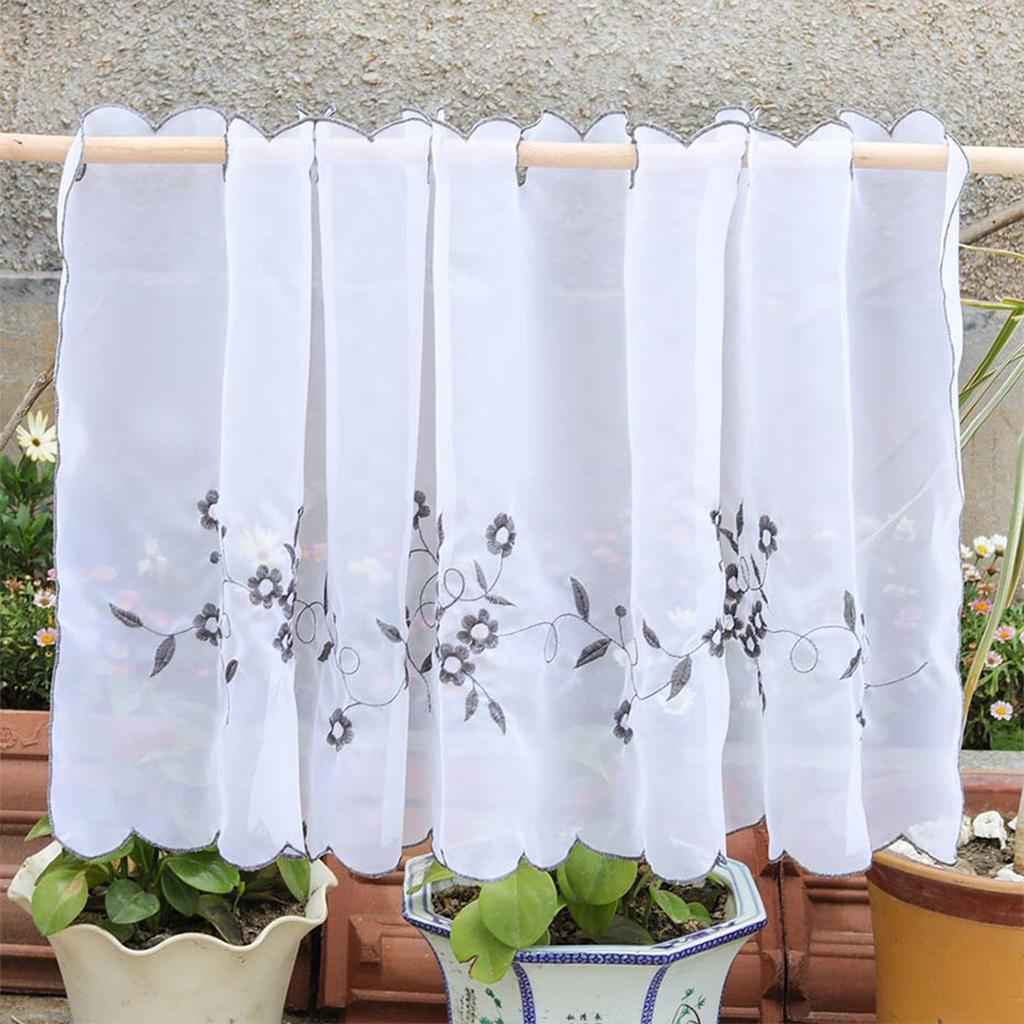 Embroidered Window Tiers Kitchen Cafe Half Curtains Gray 30x120cm