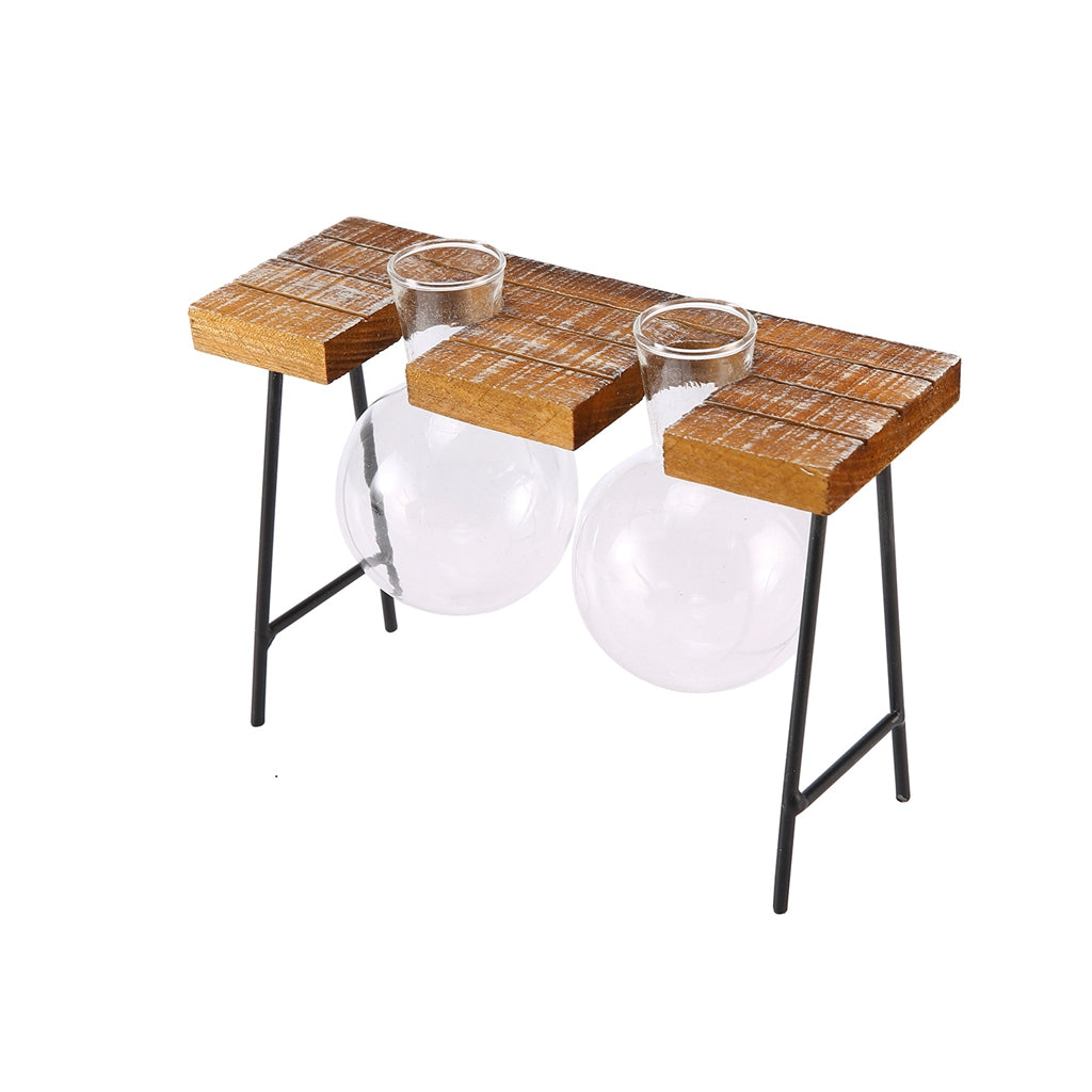 Vintage Stool Shaped Wooden Tray Hydroponic Flower Glass Vase 2 Beakers