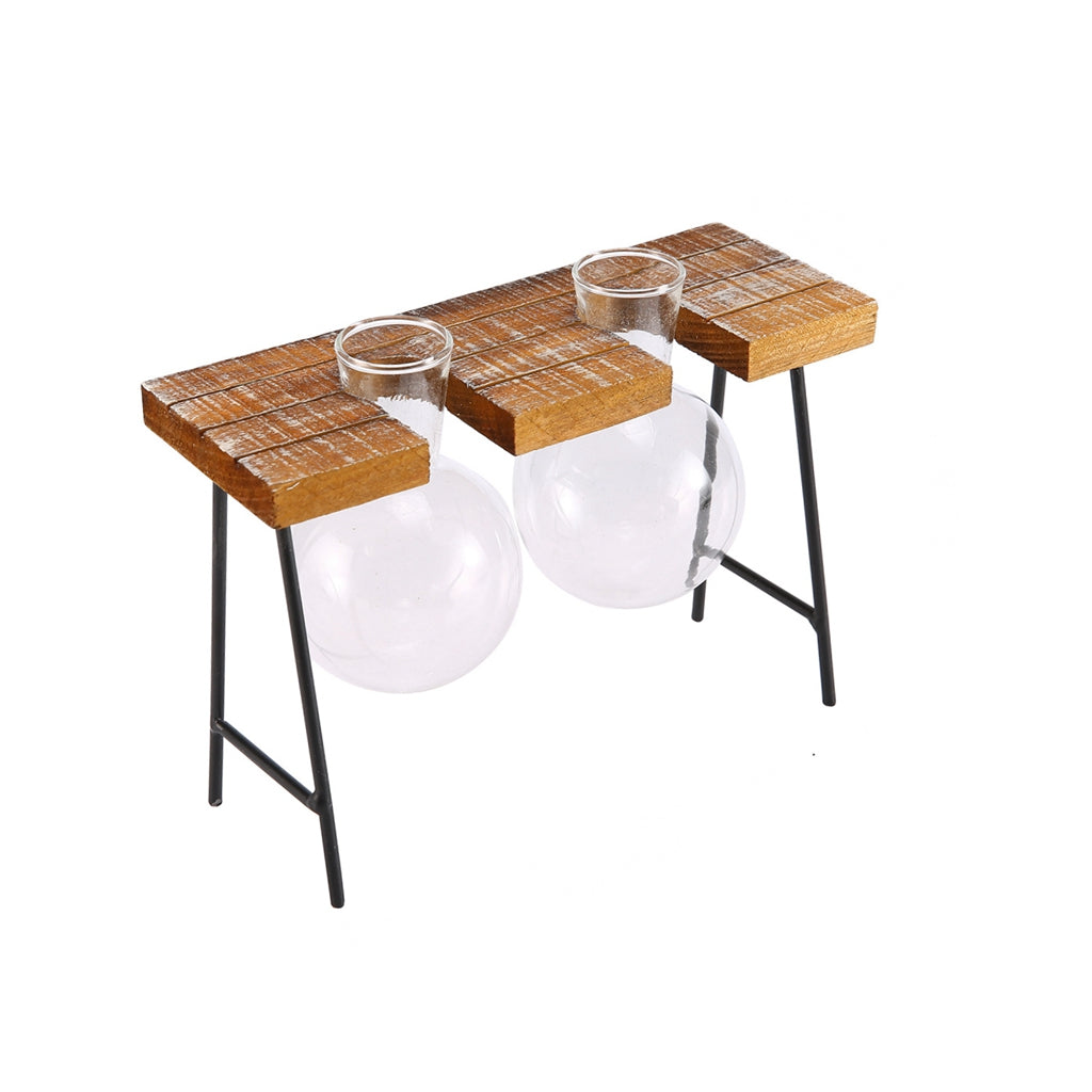 Vintage Stool Shaped Wooden Tray Hydroponic Flower Glass Vase 2 Beakers