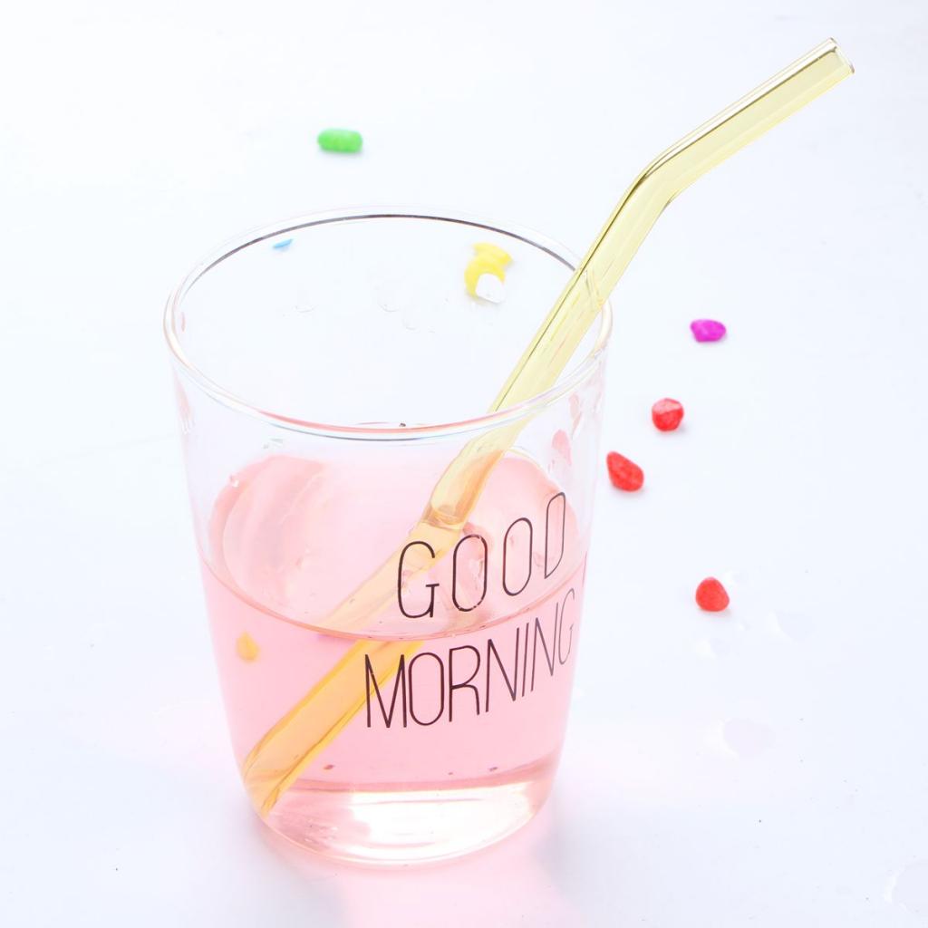 1pcs Creative Curved Glass Drinking Straw Bent With Brush Yellow