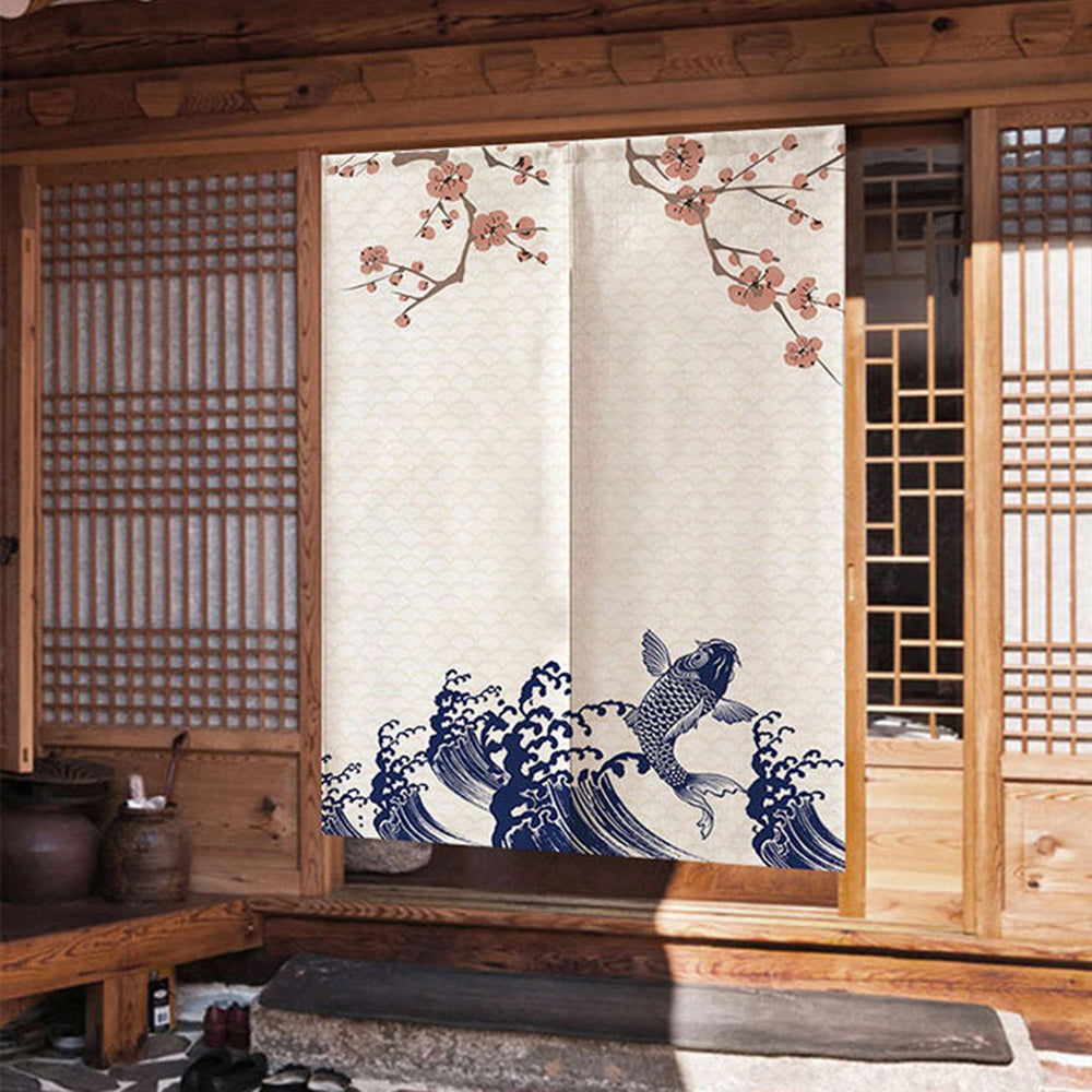 Japanese Style Cotton Linen Doorway Curtain Seawaves-85x120cm