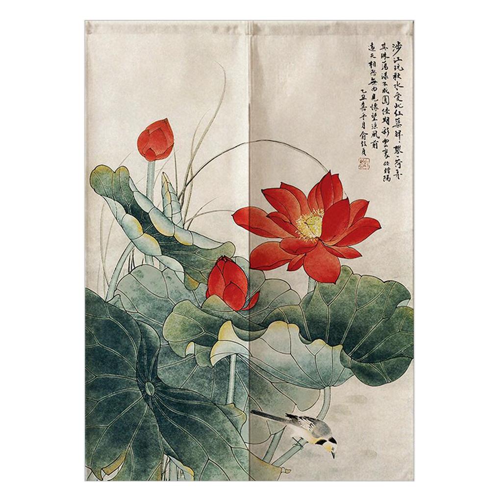Japanese Style Cotton Linen Doorway Curtain Bird and Lotus-85x150cm