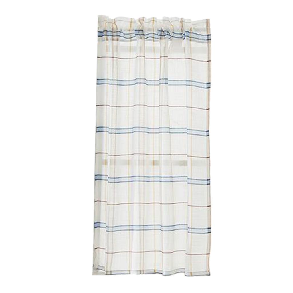 Rod Pocket Checked Linen Window Voile Curtain Valance Tier Blue 74x60cm