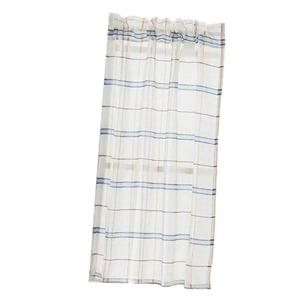 Rod Pocket Checked Linen Window Voile Curtain Valance Tier Blue 74x60cm