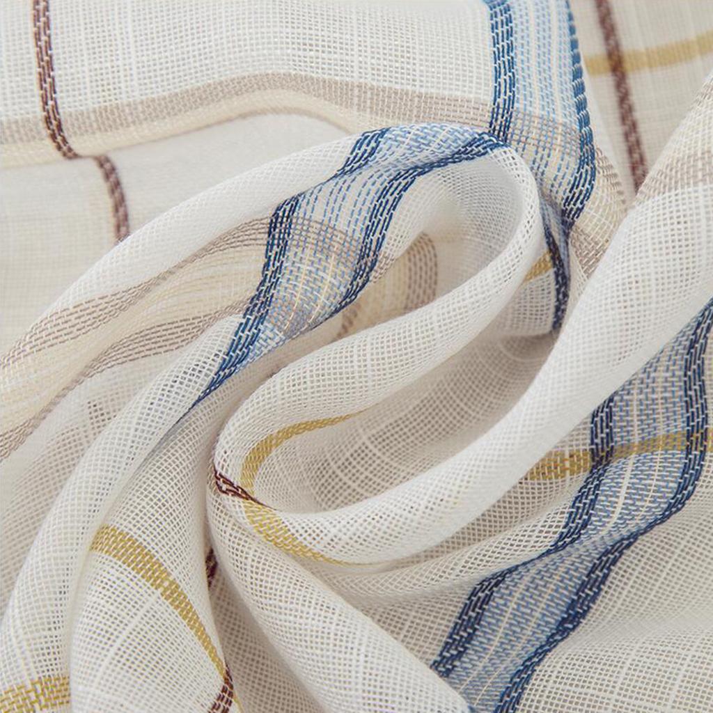 Rod Pocket Checked Linen Window Voile Curtain Valance Tier Blue 74x60cm