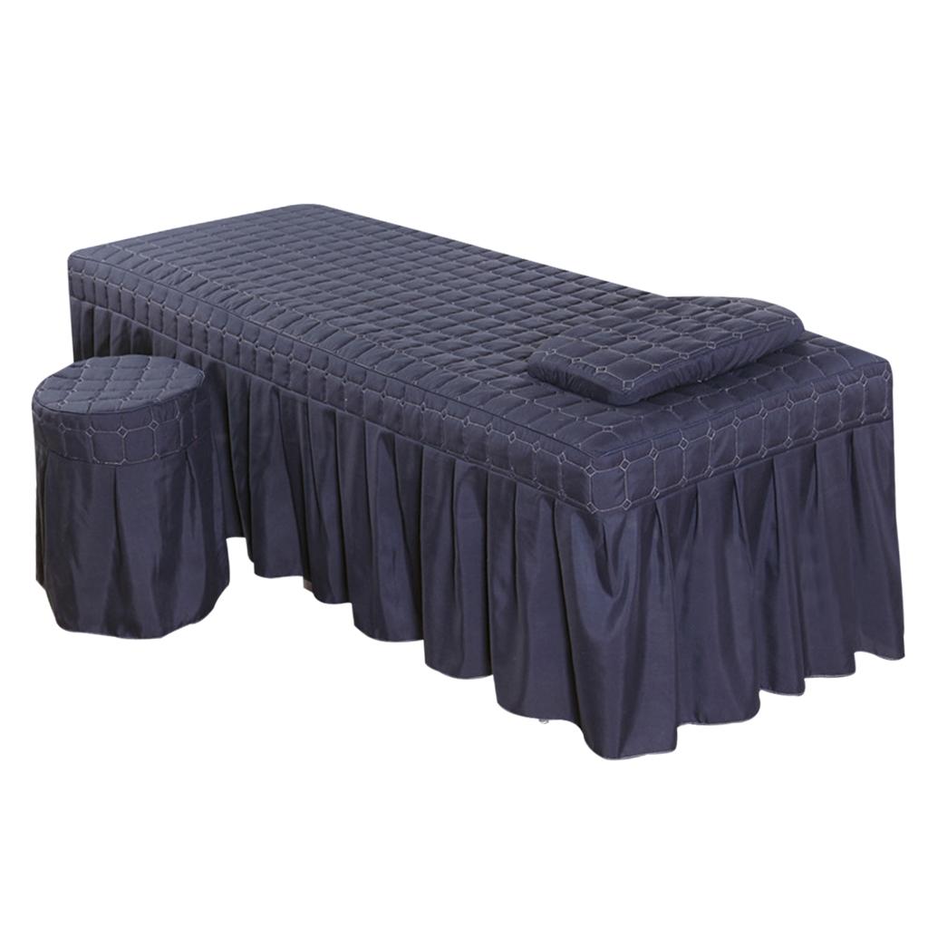 SPA Massage Table Linen Set Bed Skirt Pillow Case Stool Cover Dark Blue-S