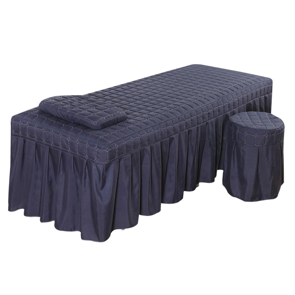 SPA Massage Table Linen Set Bed Skirt Pillow Case Stool Cover Dark Blue-S