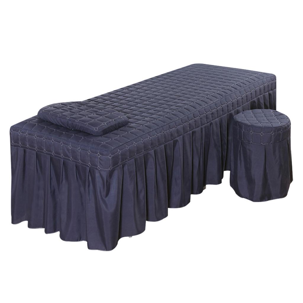 SPA Massage Table Linen Set Bed Skirt Pillow Case Stool Cover Dark Blue-S