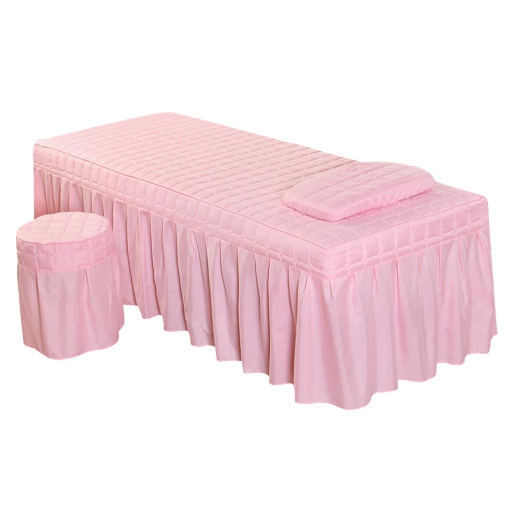 SPA Massage Table Linen Set Bed Skirt Pillow Case Stool Cover Jade Pink-S