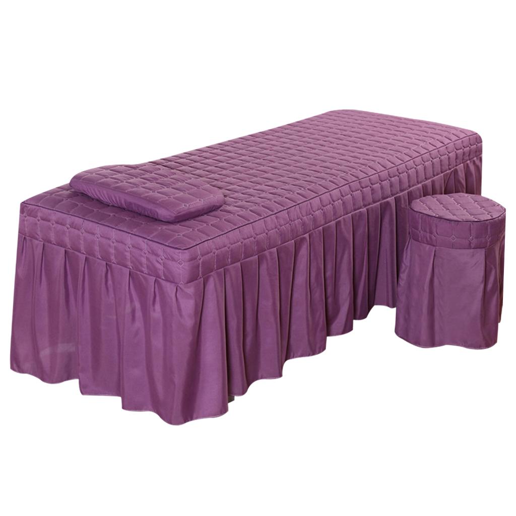 SPA Massage Table Linen Set Bed Skirt Pillow Case Stool Cover Purple-S