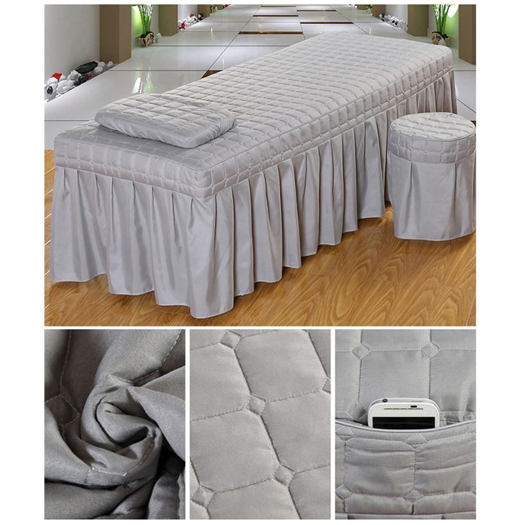 SPA Massage Table Linen Set Bed Skirt Pillow Case Stool Cover Grey-L