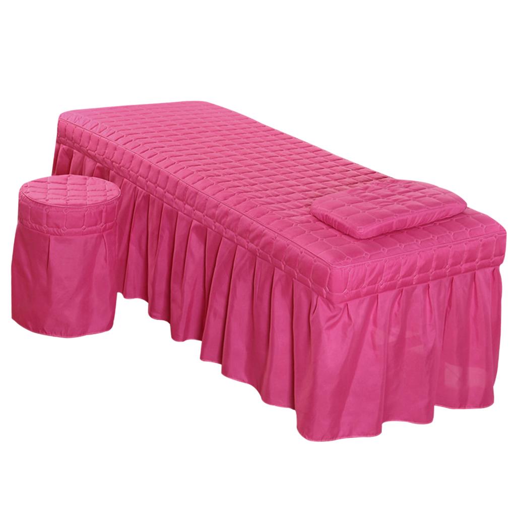 SPA Massage Table Linen Set Bed Skirt Pillow Case Stool Cover Rose Red-L