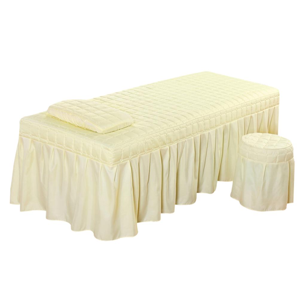 SPA Massage Table Linen Set Bed Skirt Pillow Case Stool Cover Beige-L