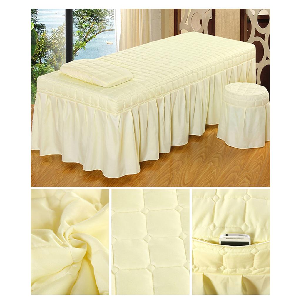 SPA Massage Table Linen Set Bed Skirt Pillow Case Stool Cover Beige-L