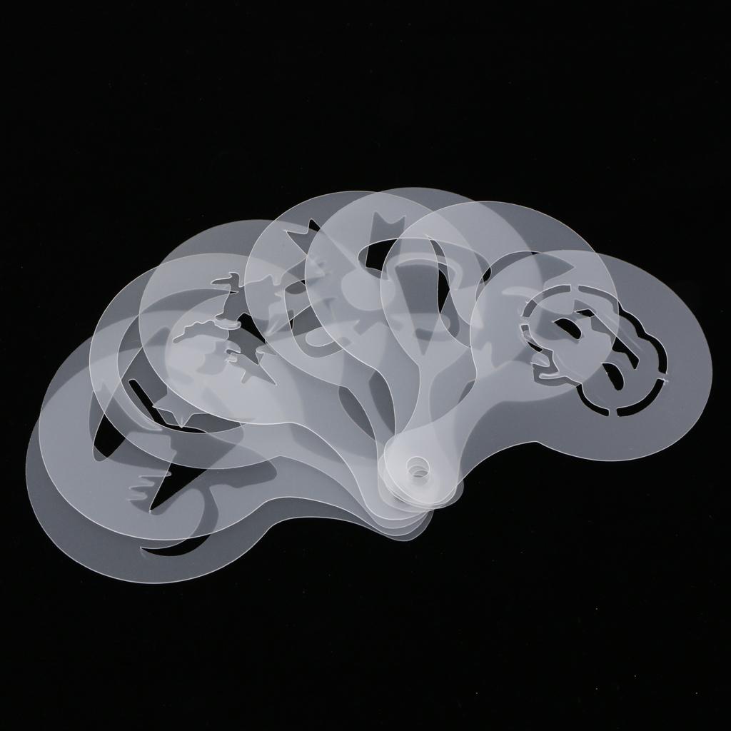 8pcs Coffee Barista Stencils Template Strew Flowers Pad Duster Spray Art Halloween
