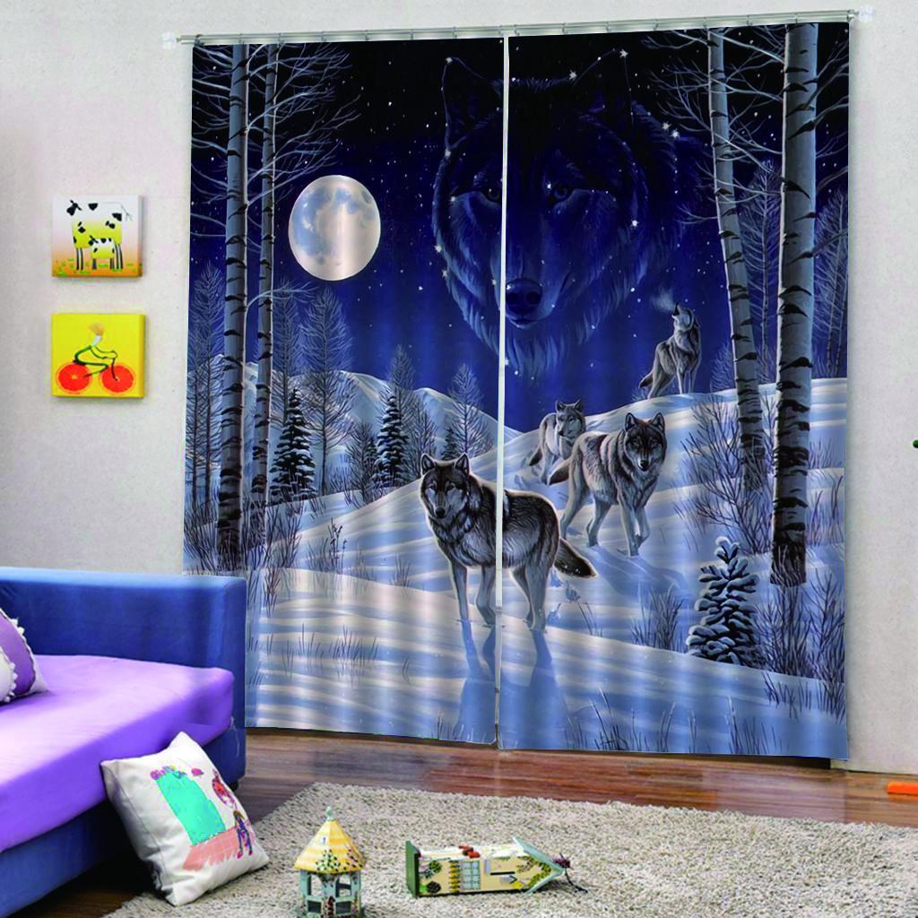 2 Panel Set Digital Printing Curtains 3D Animals Snow Wolves-85x200cm