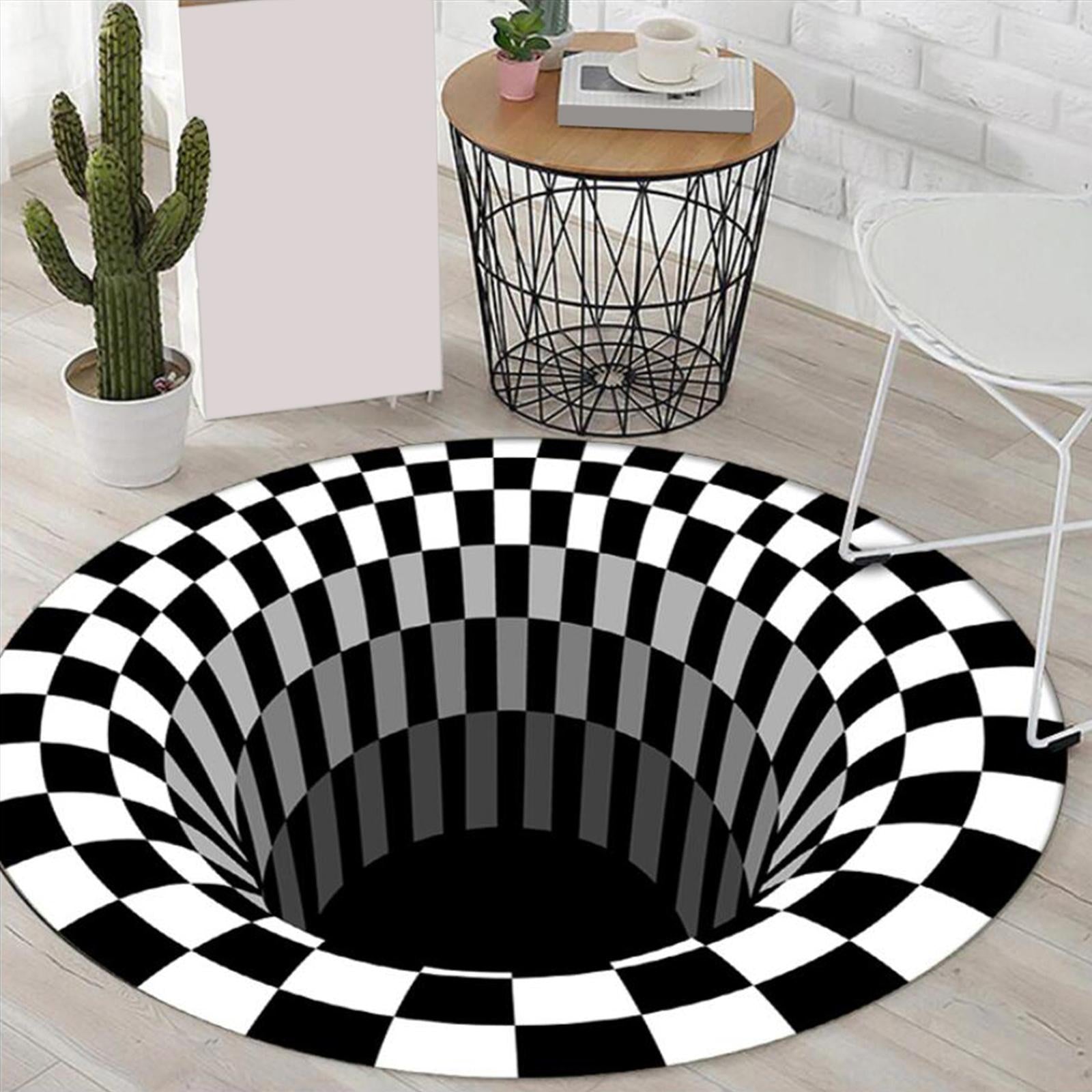 120x120cm 3D Vortex Illusion Rug Black White Plaid Visual Optical Non Slip