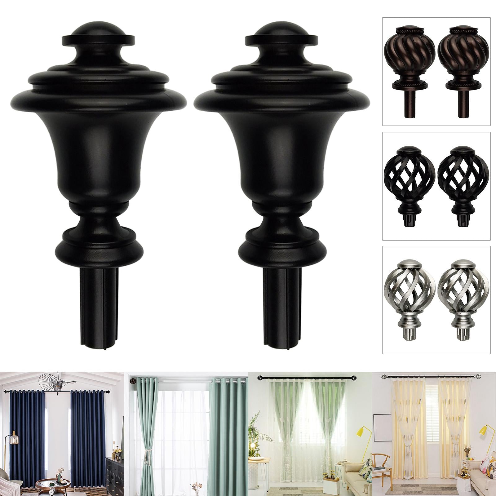 2 Pieces Curtain Rod Finials 3/4 inch Replacement for Room Living Room Black