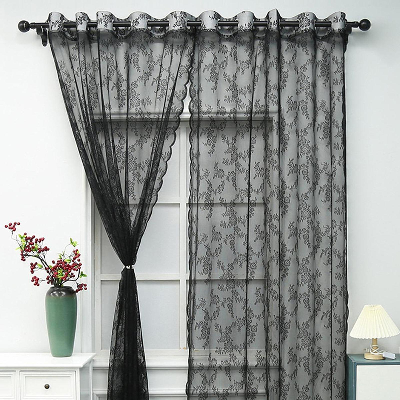 Lace Curtain Romantic Breathable with Rod Pocket for Patio Office Decoration black 100x200cm