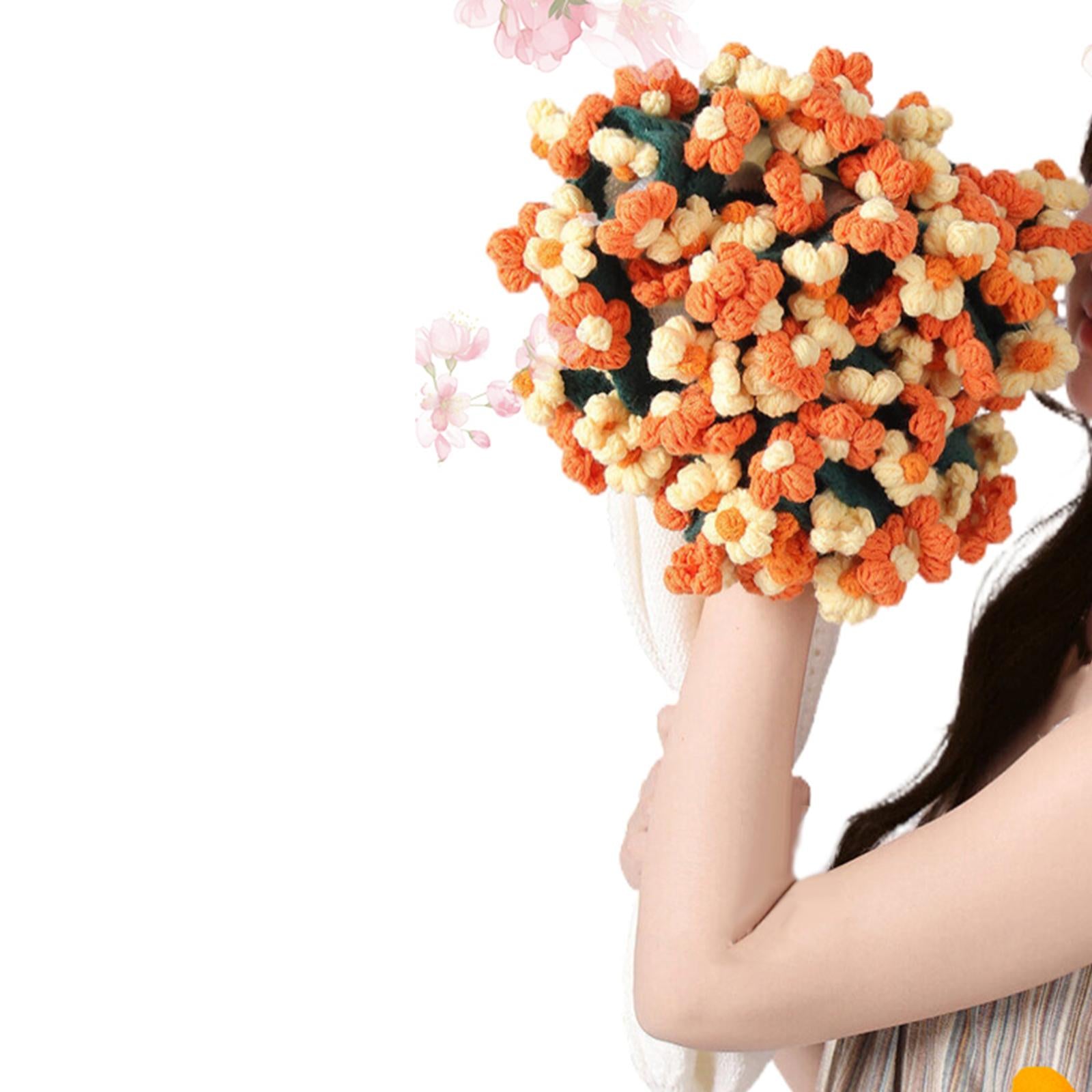 Flower Bouquet Blanket Foldable Versatile Hand Knitting for Sofa Party Couch orange