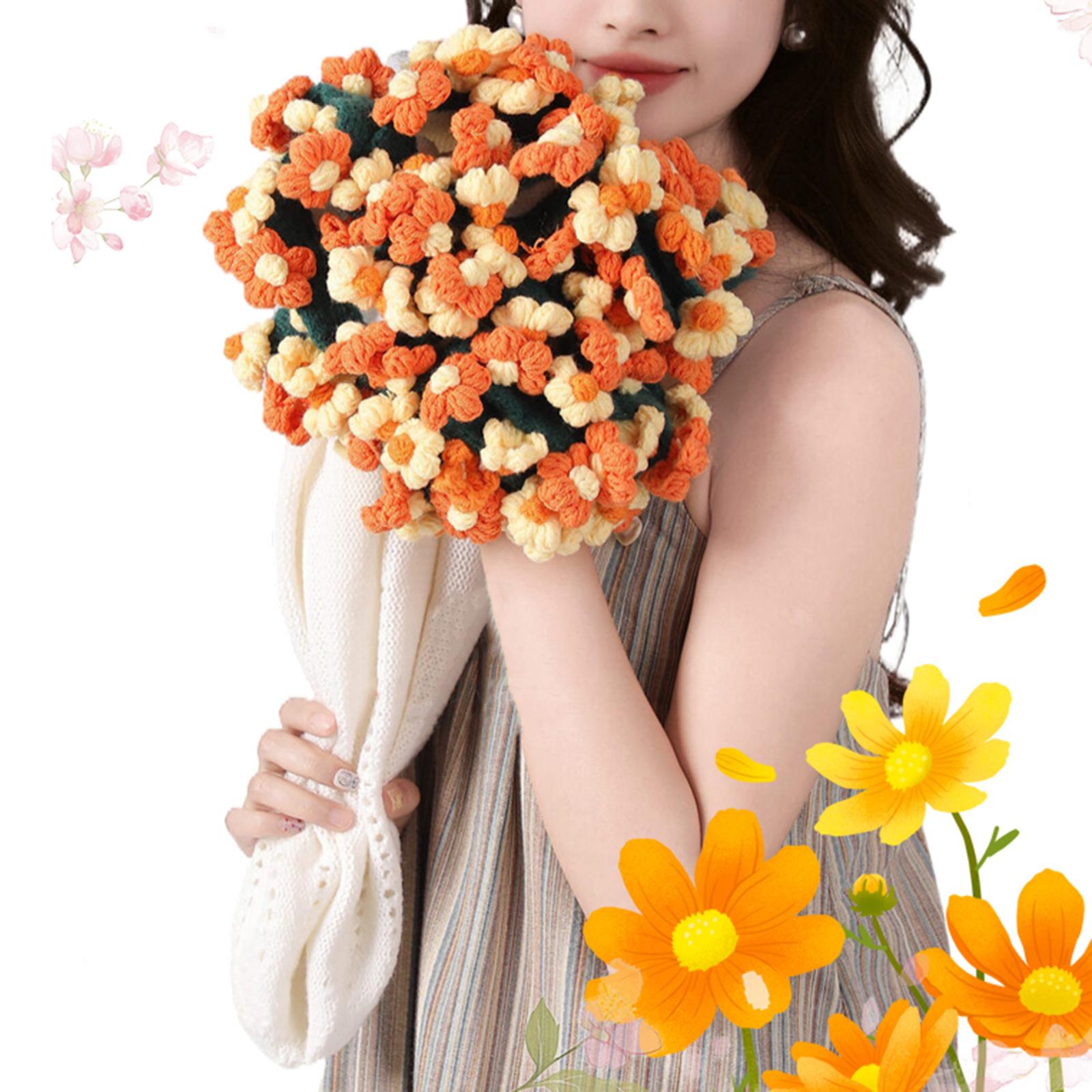 Flower Bouquet Blanket Foldable Versatile Hand Knitting for Sofa Party Couch orange
