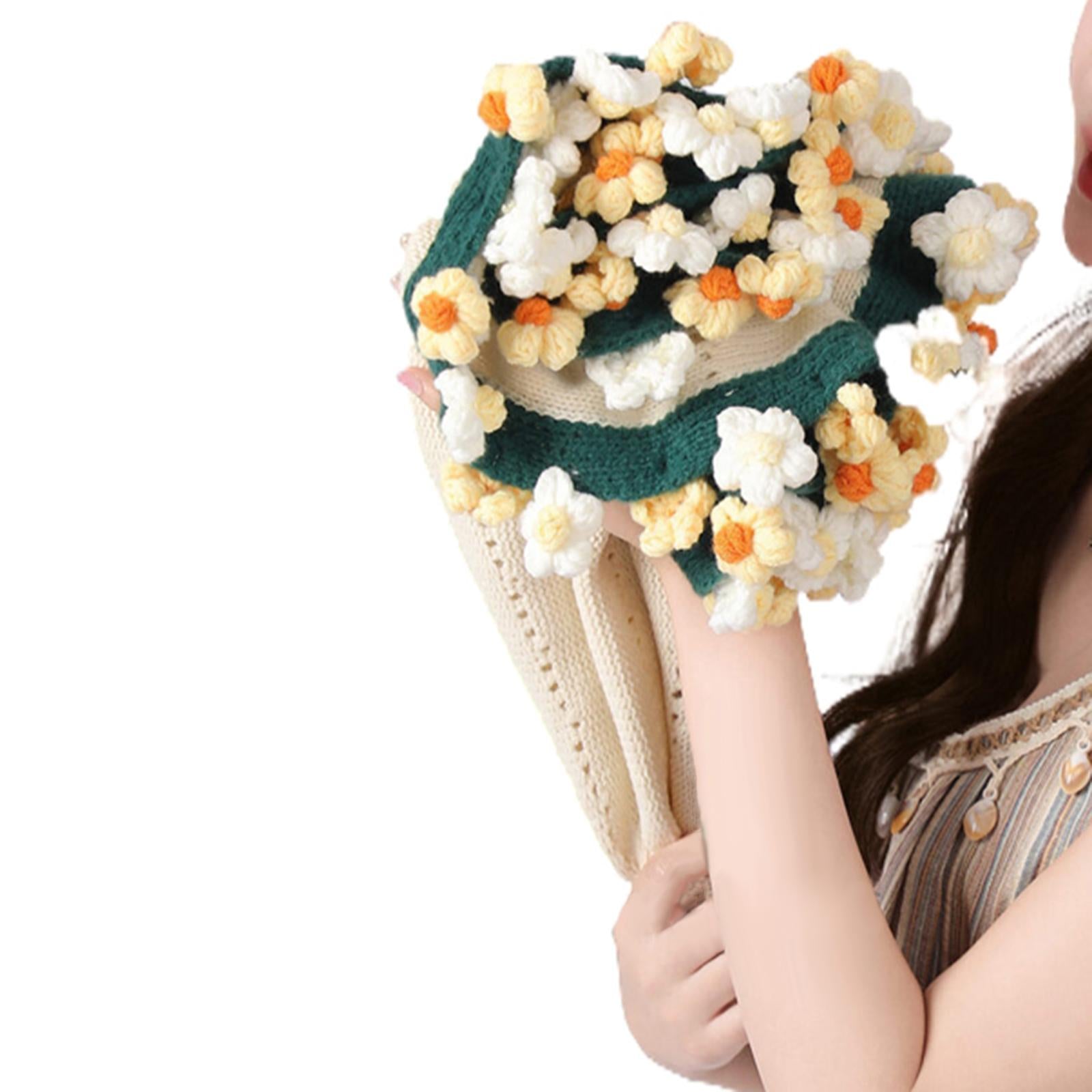 Flower Bouquet Blanket Foldable Versatile Hand Knitting for Sofa Party Couch yellow white