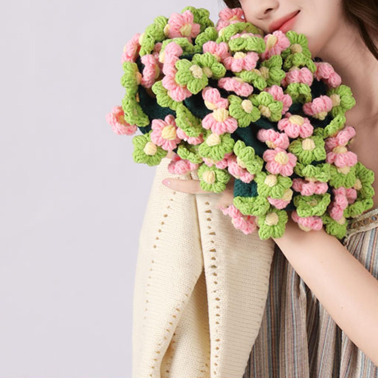 Flower Bouquet Blanket Foldable Versatile Hand Knitting for Sofa Party Couch green pink