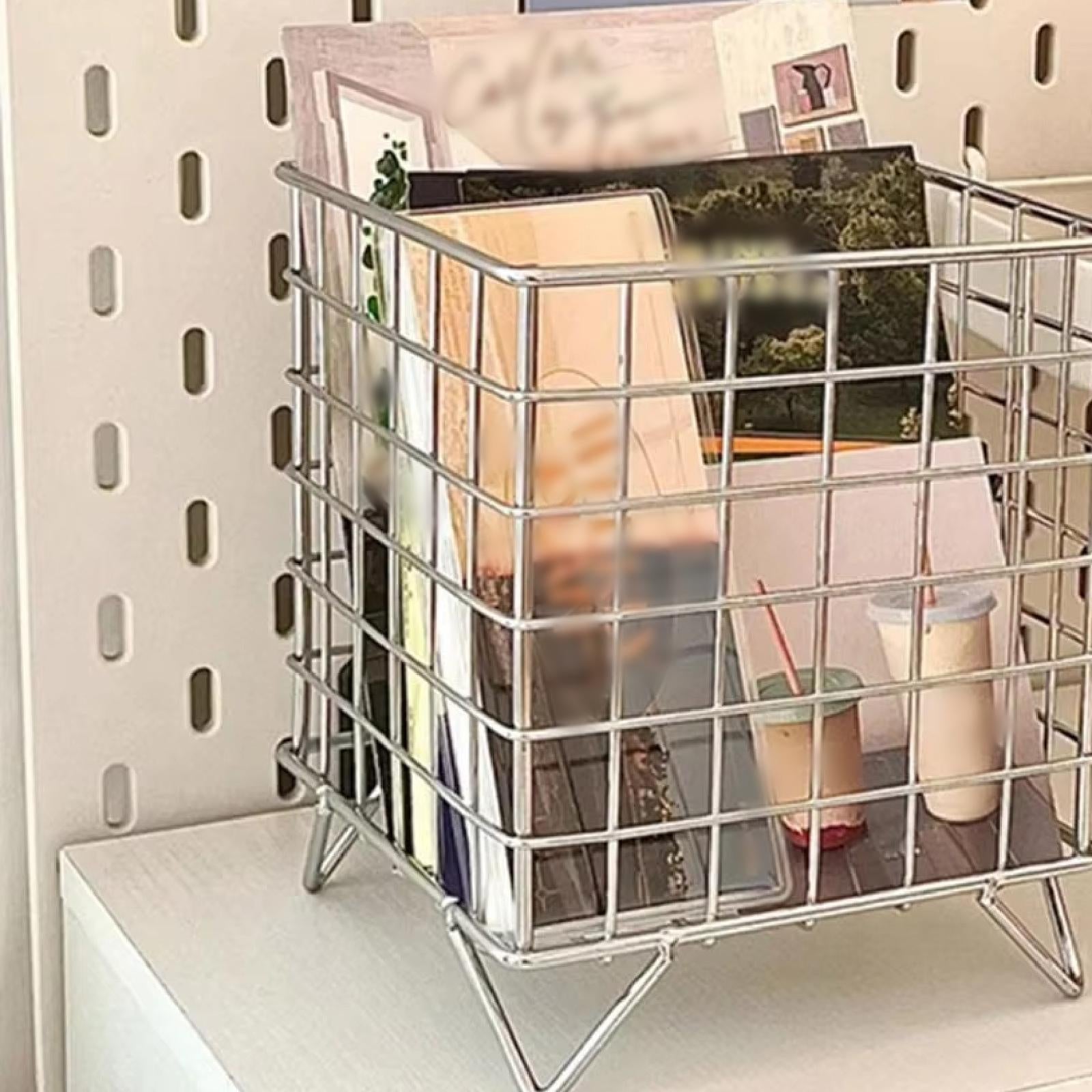 Iron Storage Basket Desk Organizer for Bathroom Office Supplies Vanity Table Silver