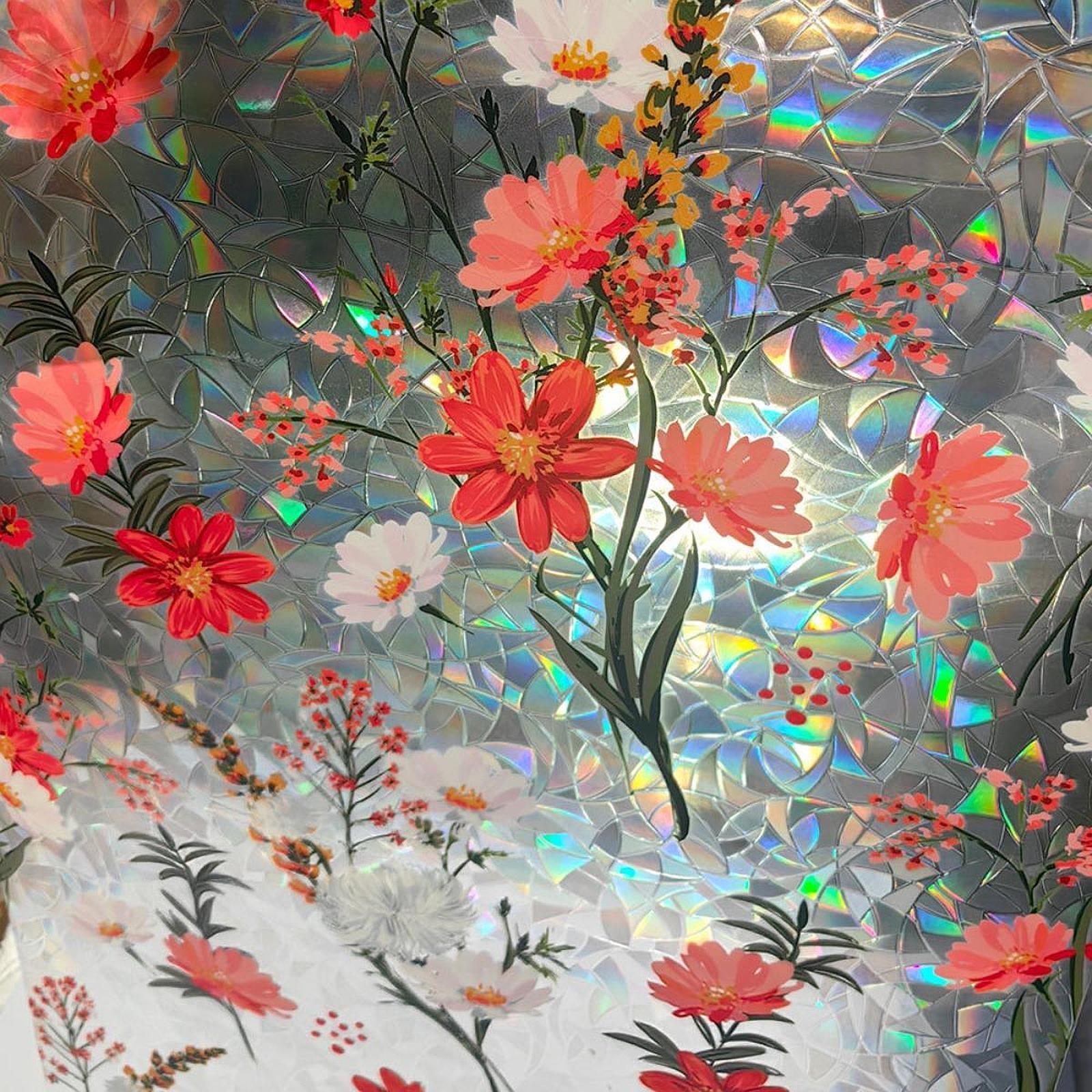 Privacy Window Film Floral Stained Cling Static Glass for Home Bathroom Room