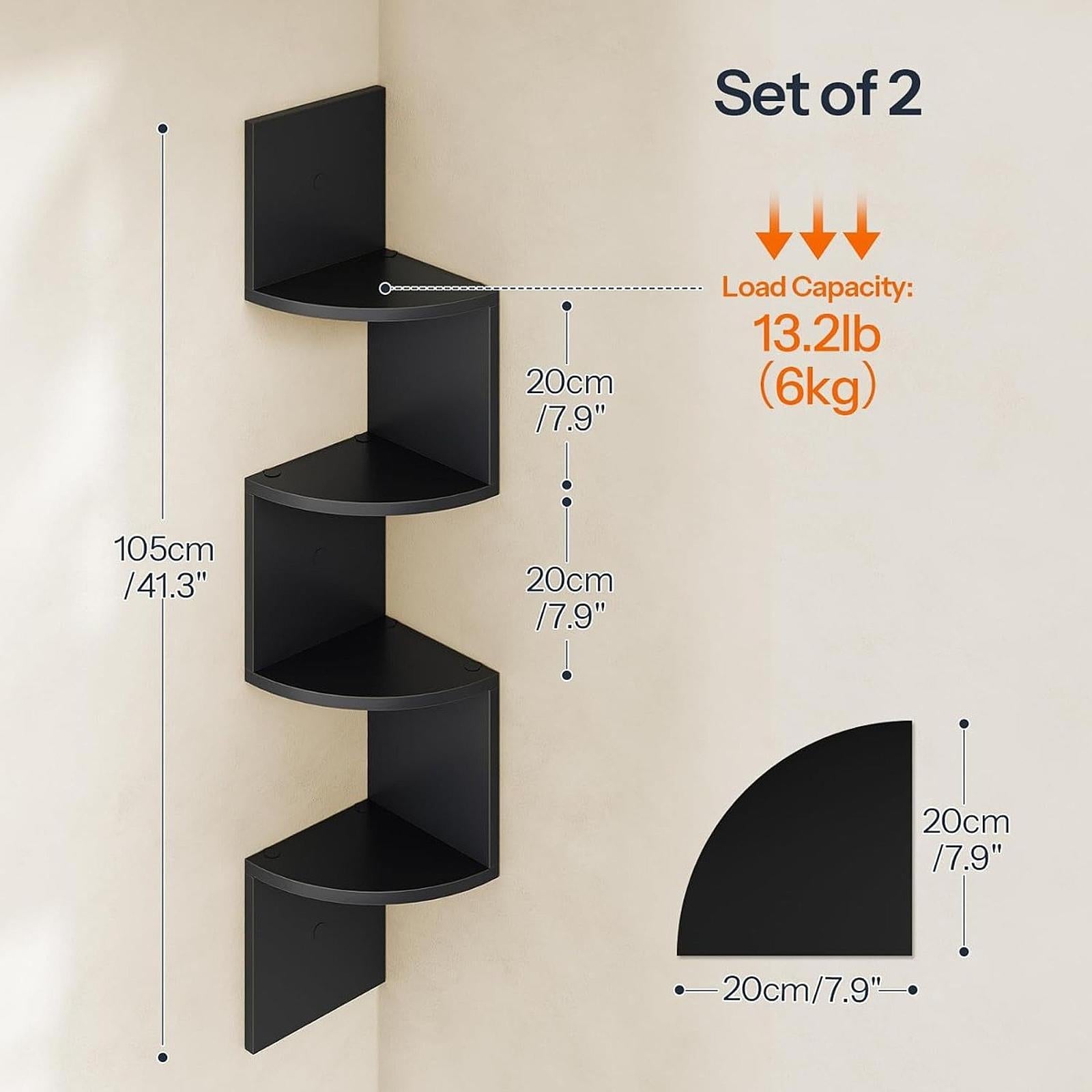 2Pcs Corner Shelf Wall Mount Corner Floating Shelves for Kitchen Office Home Black