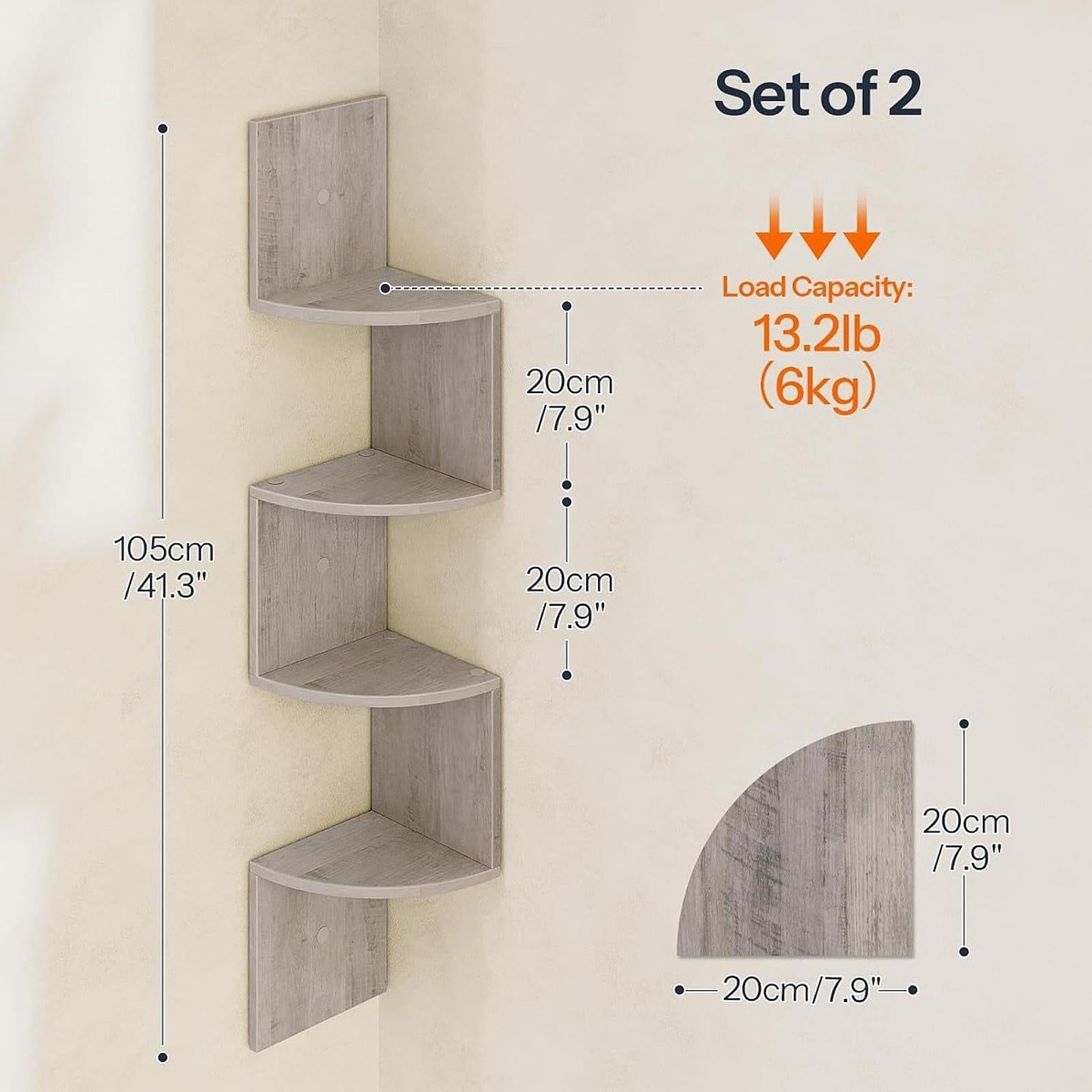 2Pcs Corner Shelf Wall Mount Corner Floating Shelves for Kitchen Office Home Grey