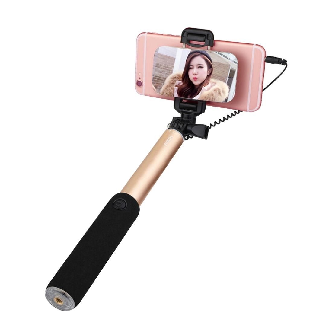 ROCK Portable Wire Controlled Monopod Folding Extendable Handheld Holder Selfie Stick with Dressing Mirror for iOS & Android Phone, Folded Length: 24.5cm, Max Extension Length: 90.0cm (Gold)