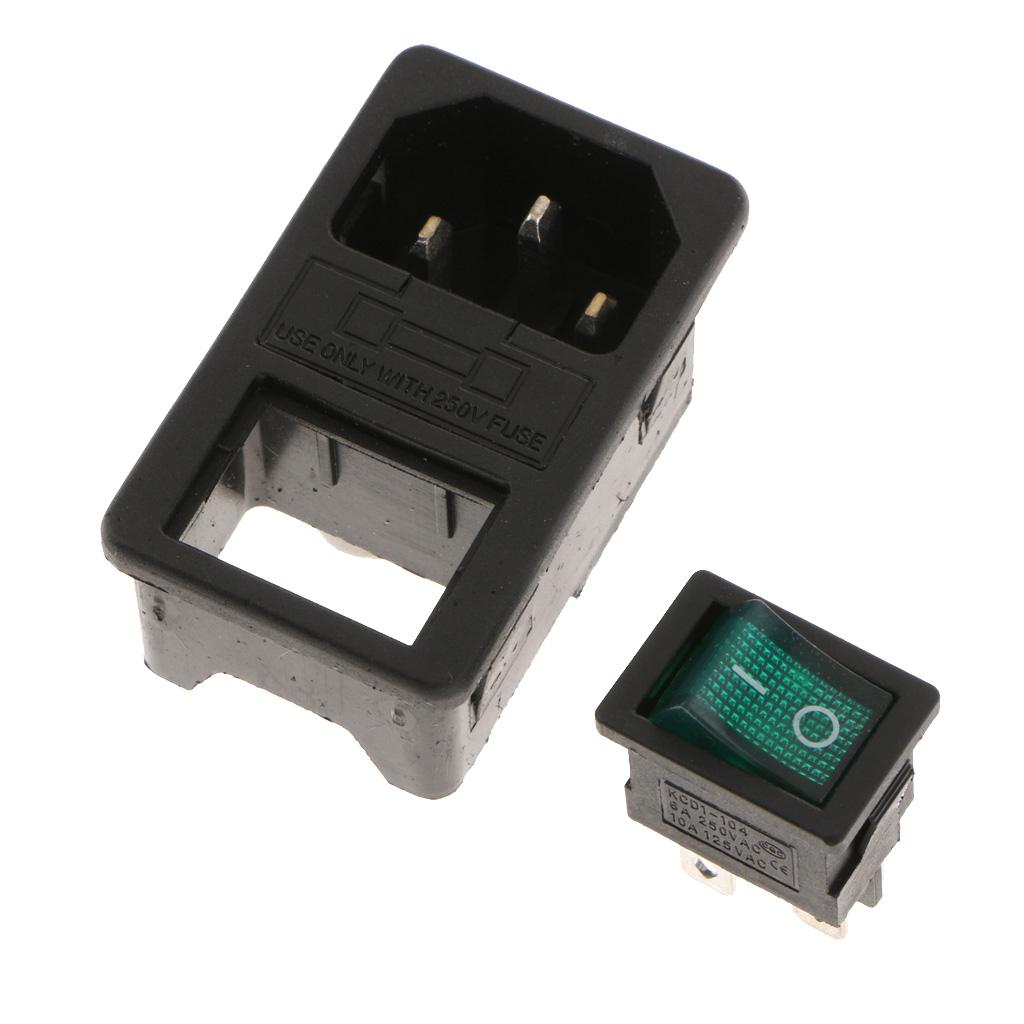 Male Power Socket 10-15A 250V Inlet Module Plug 3-in-1 card Fuse Switch Green