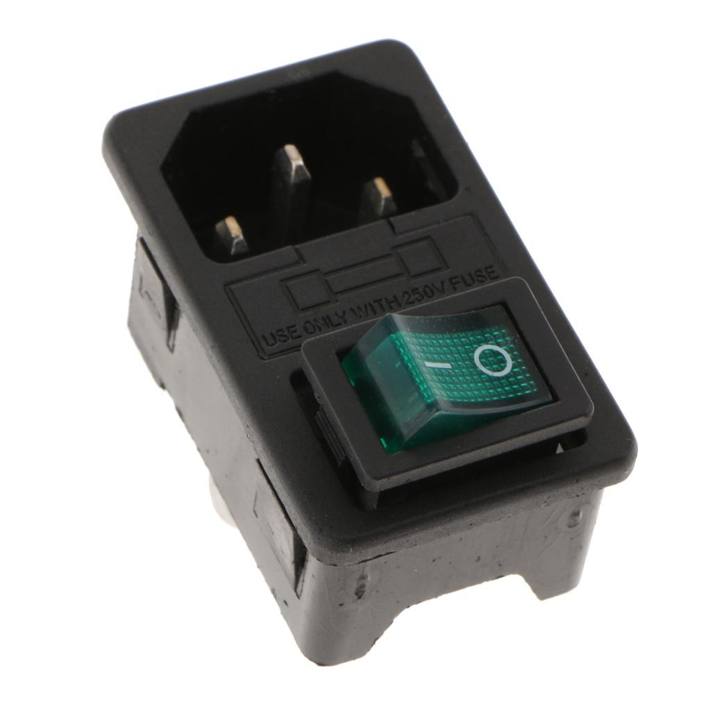 Male Power Socket 10-15A 250V Inlet Module Plug 3-in-1 card Fuse Switch Green