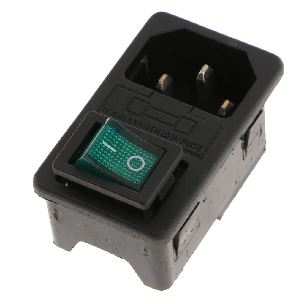 Male Power Socket 10-15A 250V Inlet Module Plug 3-in-1 card Fuse Switch Green