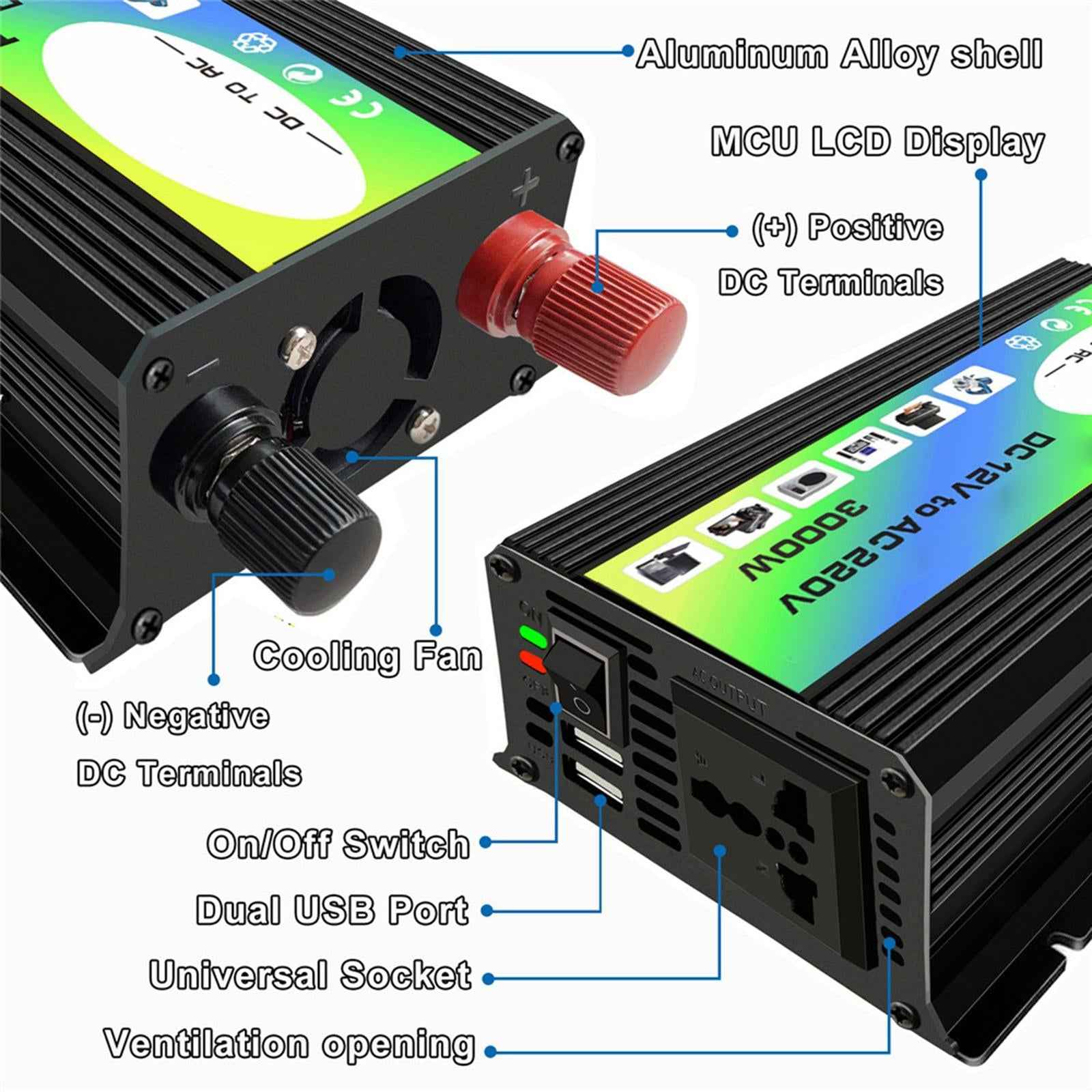 300W DC 12V to AC Inverter with 2 USB Charging Ports for Camping Outdoor Black 110V C