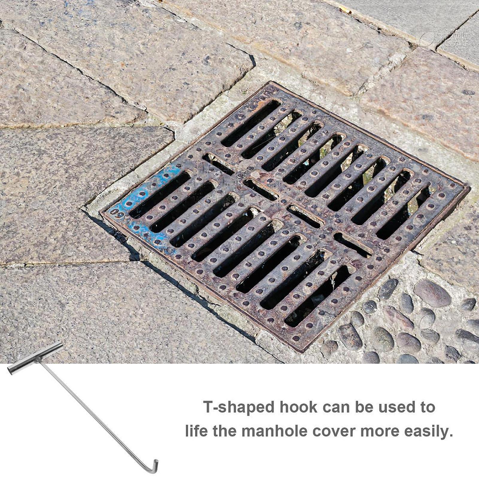 Manhole Hook Tool Stainless Steel Lift Manhole Covers Versatile T Shape Hook S Sharp mouth