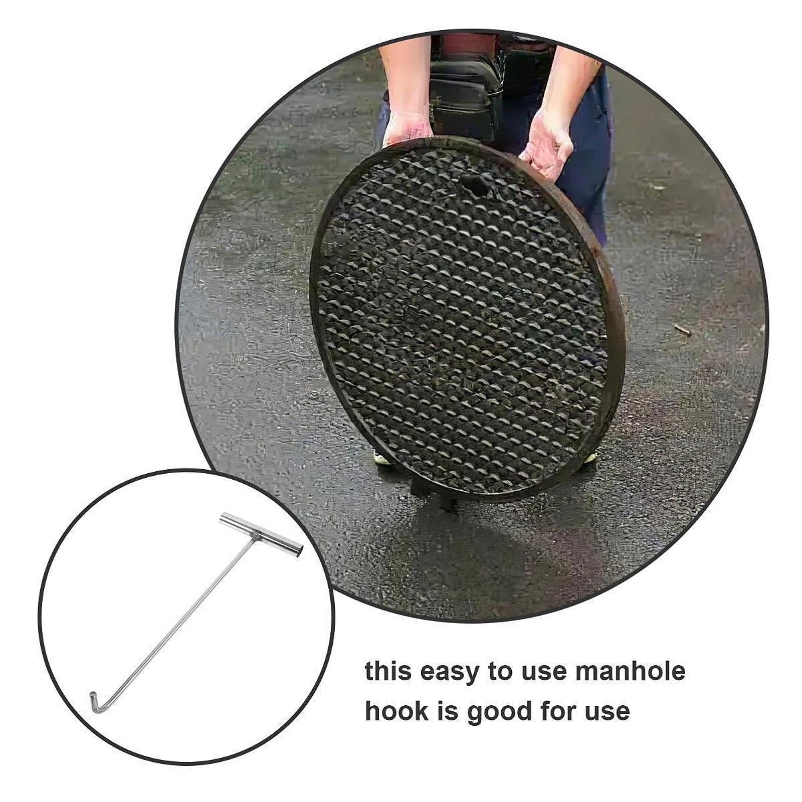 Manhole Hook Tool Stainless Steel Lift Manhole Covers Versatile T Shape Hook L Blunt mouth