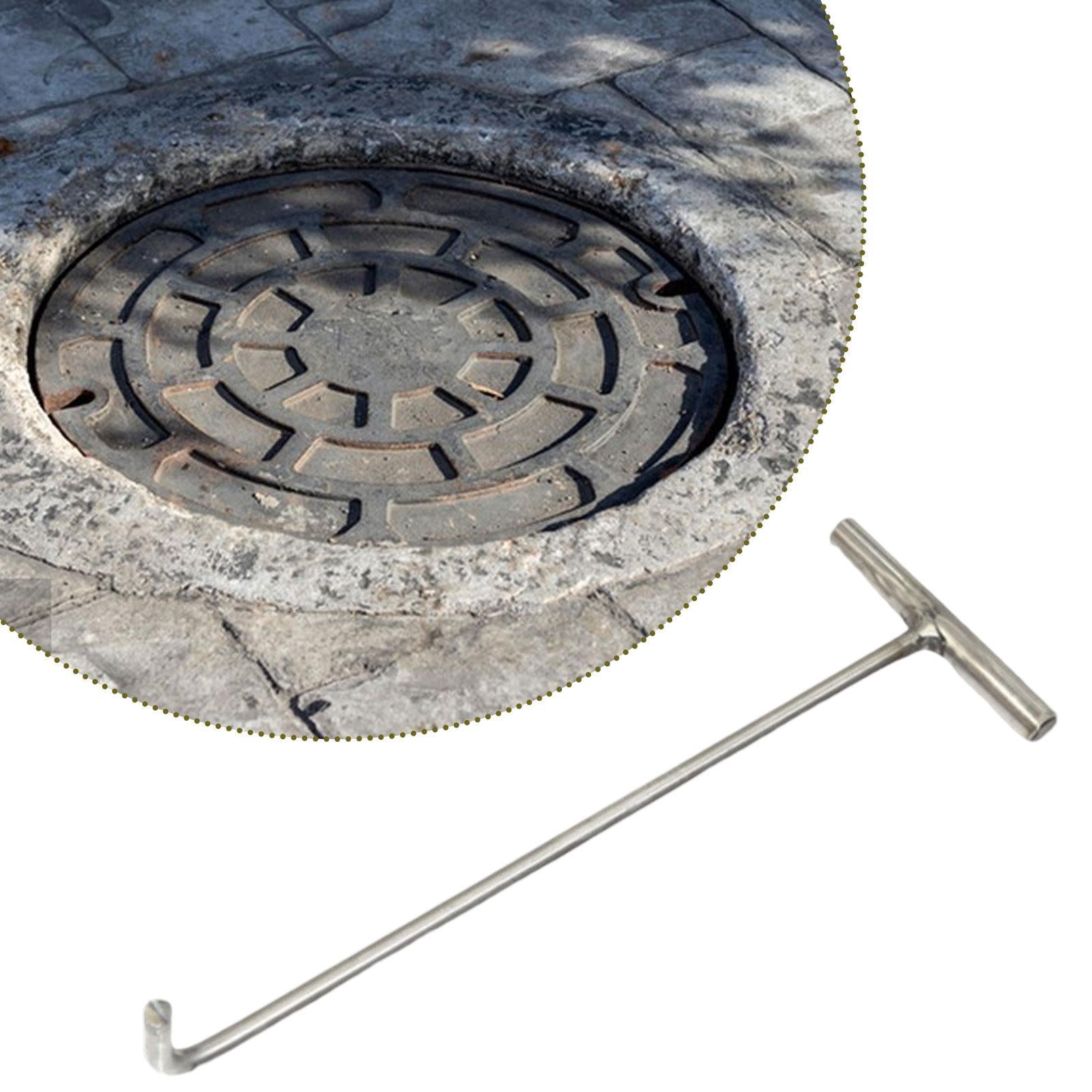 Manhole Hook Tool Stainless Steel Lift Manhole Covers Versatile T Shape Hook L Blunt mouth